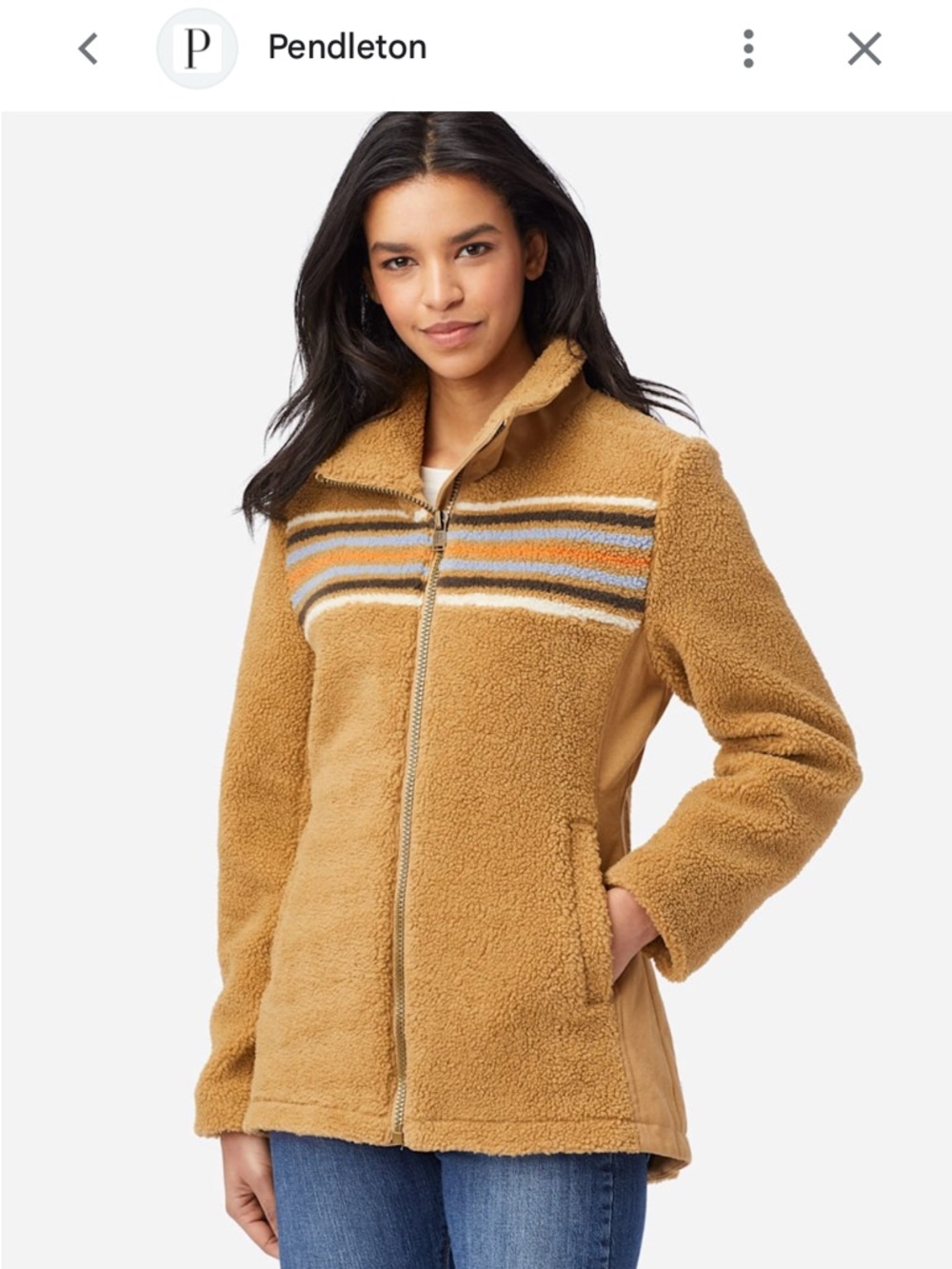Pendleton Camel Teddy Zip Jacket with Multicolor Stripe